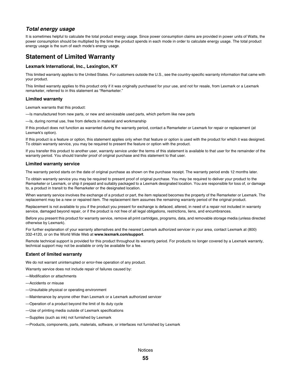 Total energy usage, Statement of limited warranty | Lexmark 350 Series User Manual | Page 55 / 58