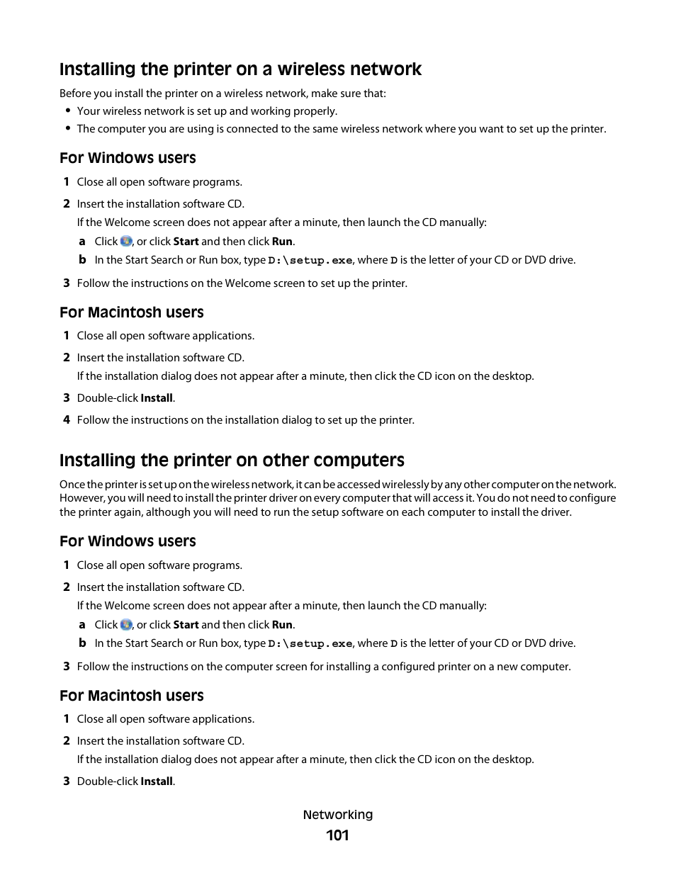 Installing the printer on a wireless network, Installing the printer on other computers | Lexmark S800 User Manual | Page 101 / 197