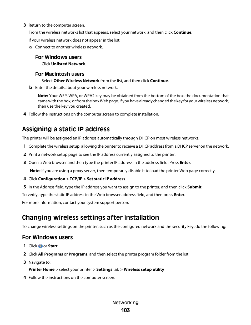 Assigning a static ip address, Changing wireless settings after installation | Lexmark S800 User Manual | Page 103 / 197