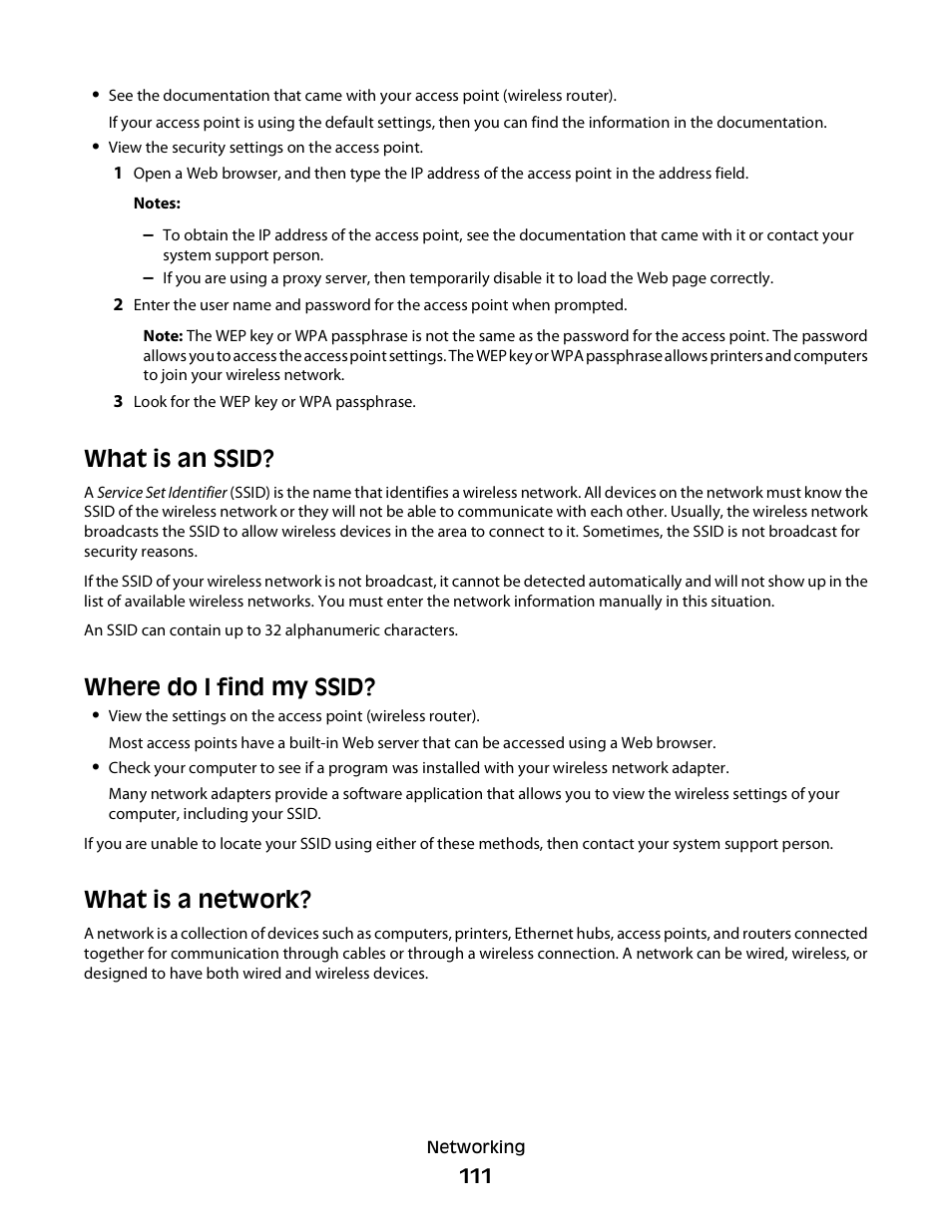 What is an ssid, Where do i find my ssid, What is a network | Lexmark S800 User Manual | Page 111 / 197