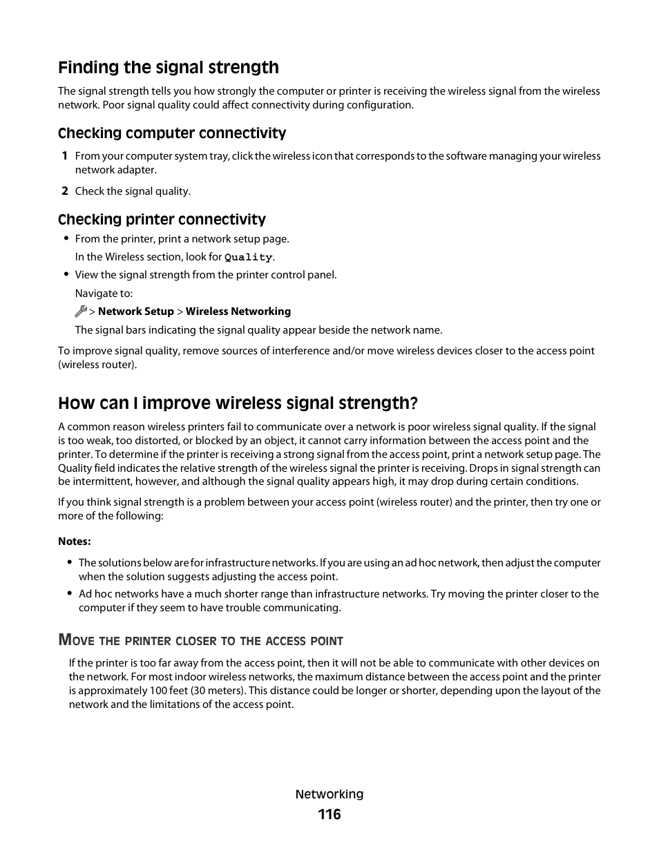 Finding the signal strength, How can i improve wireless signal strength | Lexmark S800 User Manual | Page 116 / 197