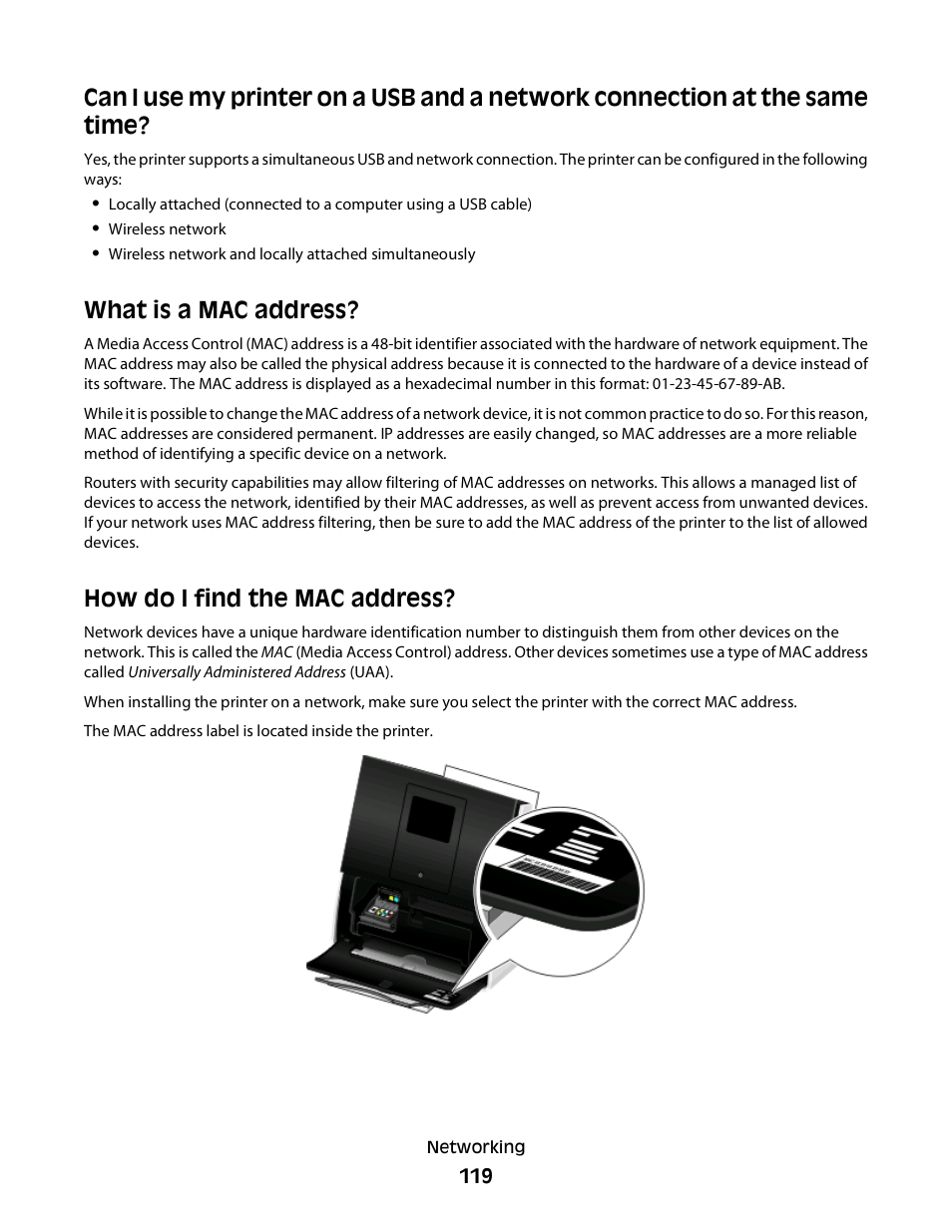 What is a mac address, How do i find the mac address | Lexmark S800 User Manual | Page 119 / 197