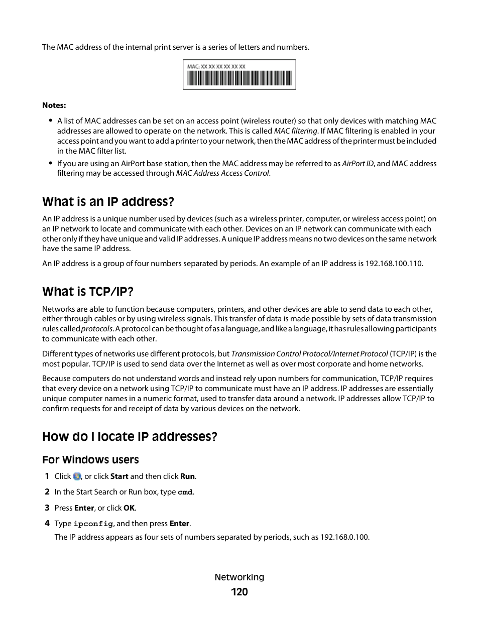 What is an ip address, What is tcp/ip, How do i locate ip addresses | Lexmark S800 User Manual | Page 120 / 197