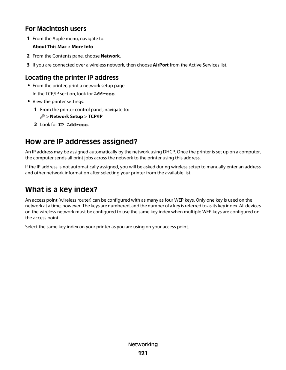 How are ip addresses assigned, What is a key index | Lexmark S800 User Manual | Page 121 / 197