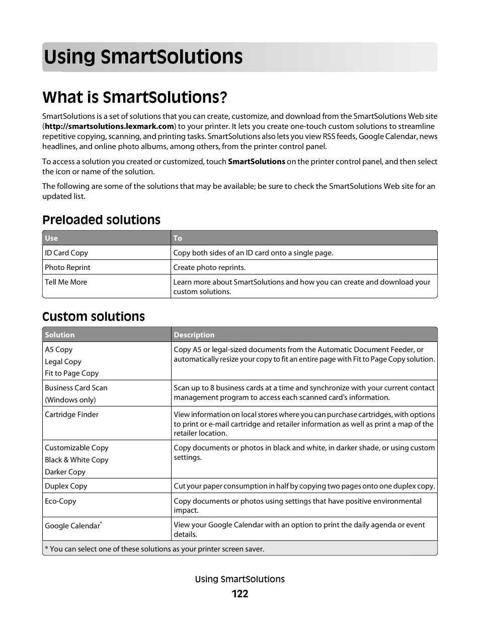 Using smartsolutions, What is smartsolutions, Preloaded solutions | Custom solutions | Lexmark S800 User Manual | Page 122 / 197