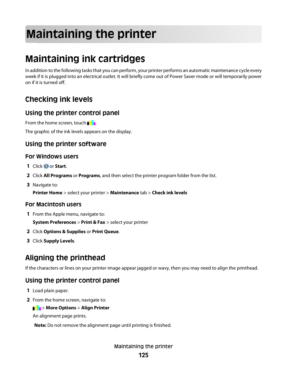Maintaining the printer, Maintaining ink cartridges, Checking ink levels | Aligning the printhead | Lexmark S800 User Manual | Page 125 / 197