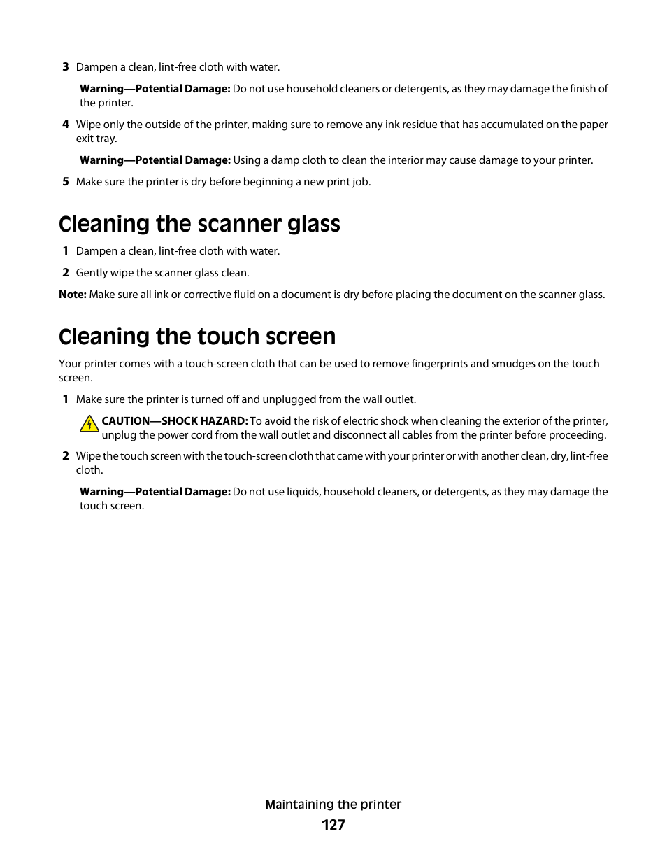 Cleaning the scanner glass, Cleaning the touch screen | Lexmark S800 User Manual | Page 127 / 197