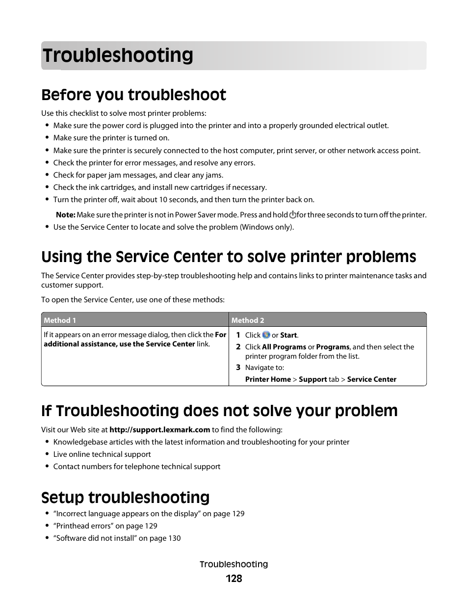 Troubleshooting, Before you troubleshoot, Using the service center to solve printer problems | If troubleshooting does not solve your problem, Setup troubleshooting | Lexmark S800 User Manual | Page 128 / 197