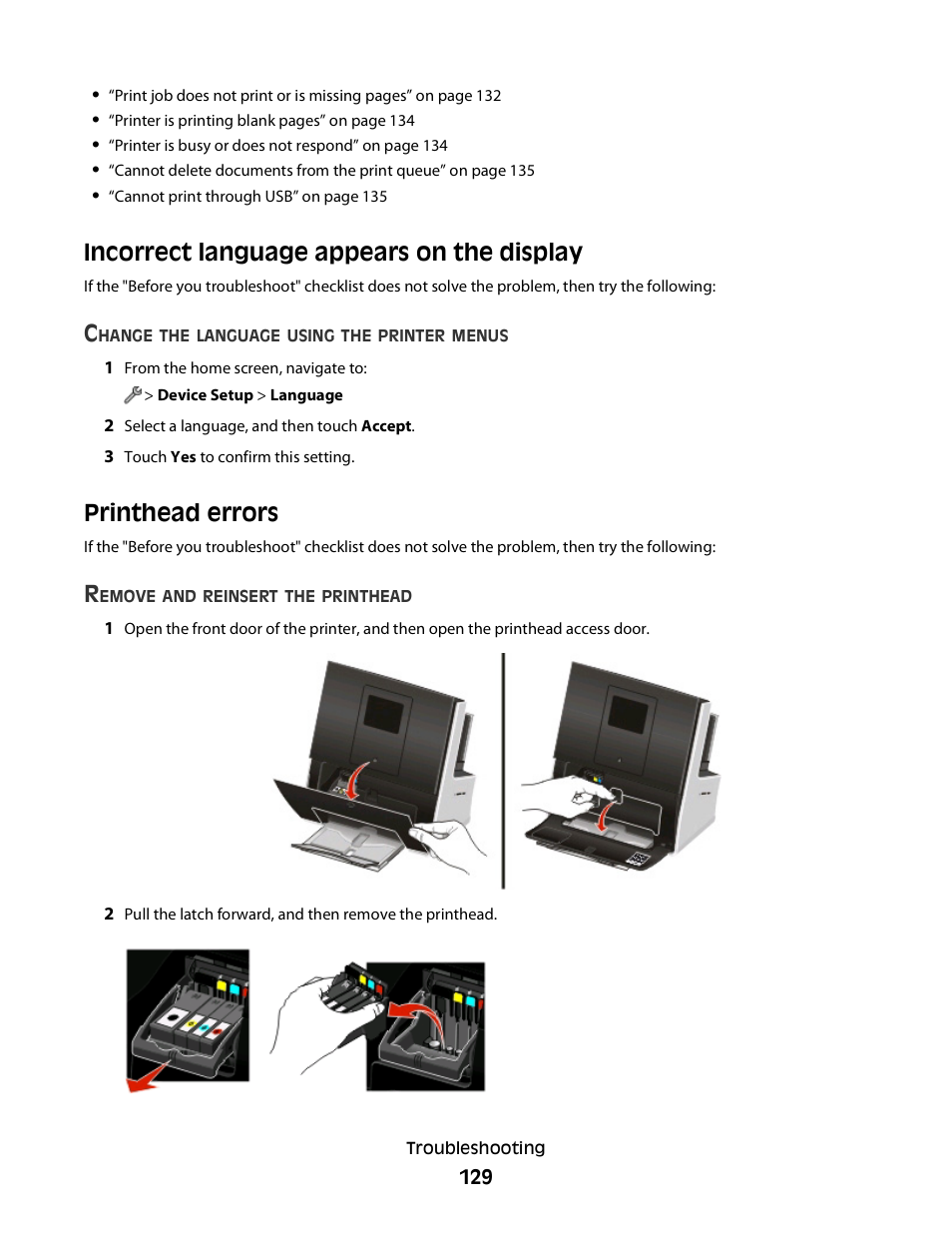 Incorrect language appears on the display, Printhead errors | Lexmark S800 User Manual | Page 129 / 197