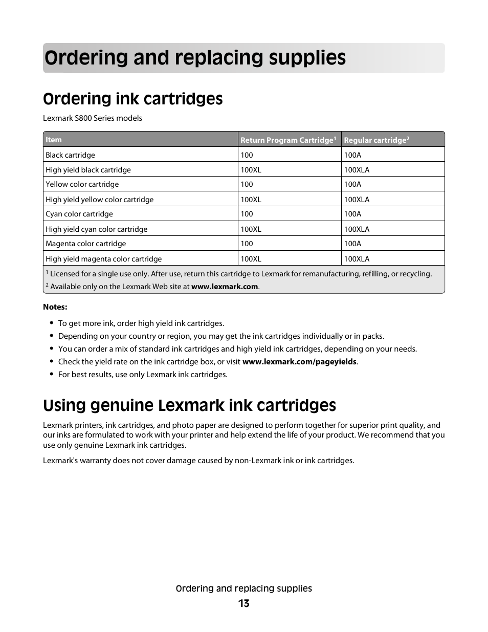 Ordering and replacing supplies, Ordering ink cartridges, Using genuine lexmark ink cartridges | Lexmark S800 User Manual | Page 13 / 197