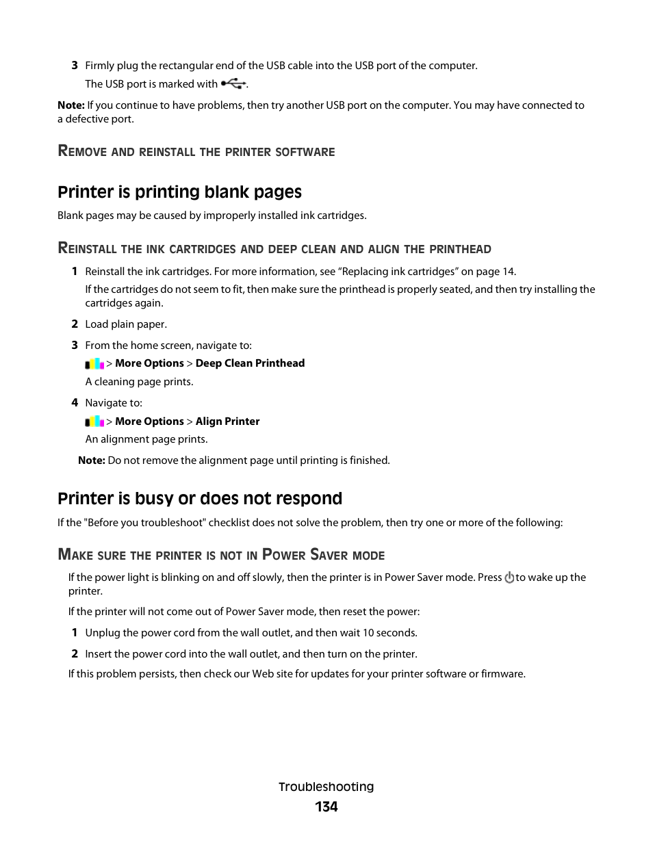 Printer is busy or does not respond, Printer is printing blank pages | Lexmark S800 User Manual | Page 134 / 197