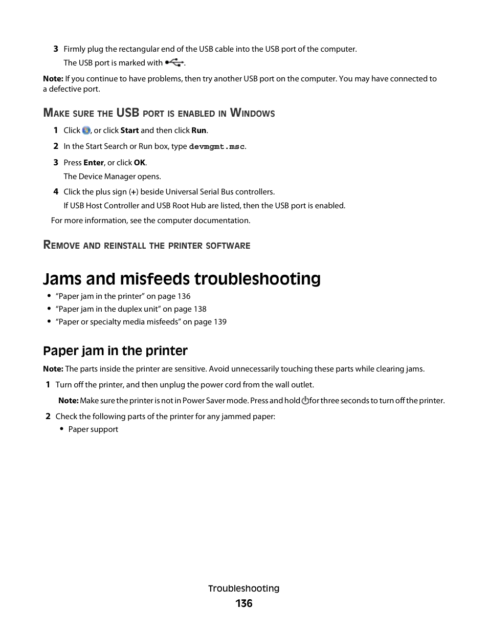 Jams and misfeeds troubleshooting, Paper jam in the printer | Lexmark S800 User Manual | Page 136 / 197