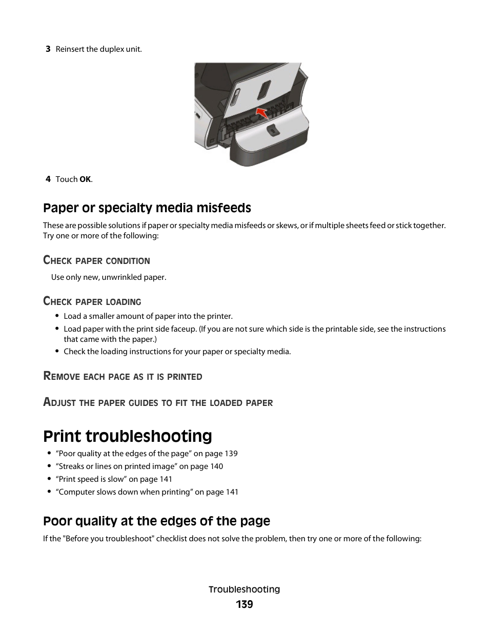 Paper or specialty media misfeeds, Print troubleshooting, Poor quality at the edges of the page | Lexmark S800 User Manual | Page 139 / 197