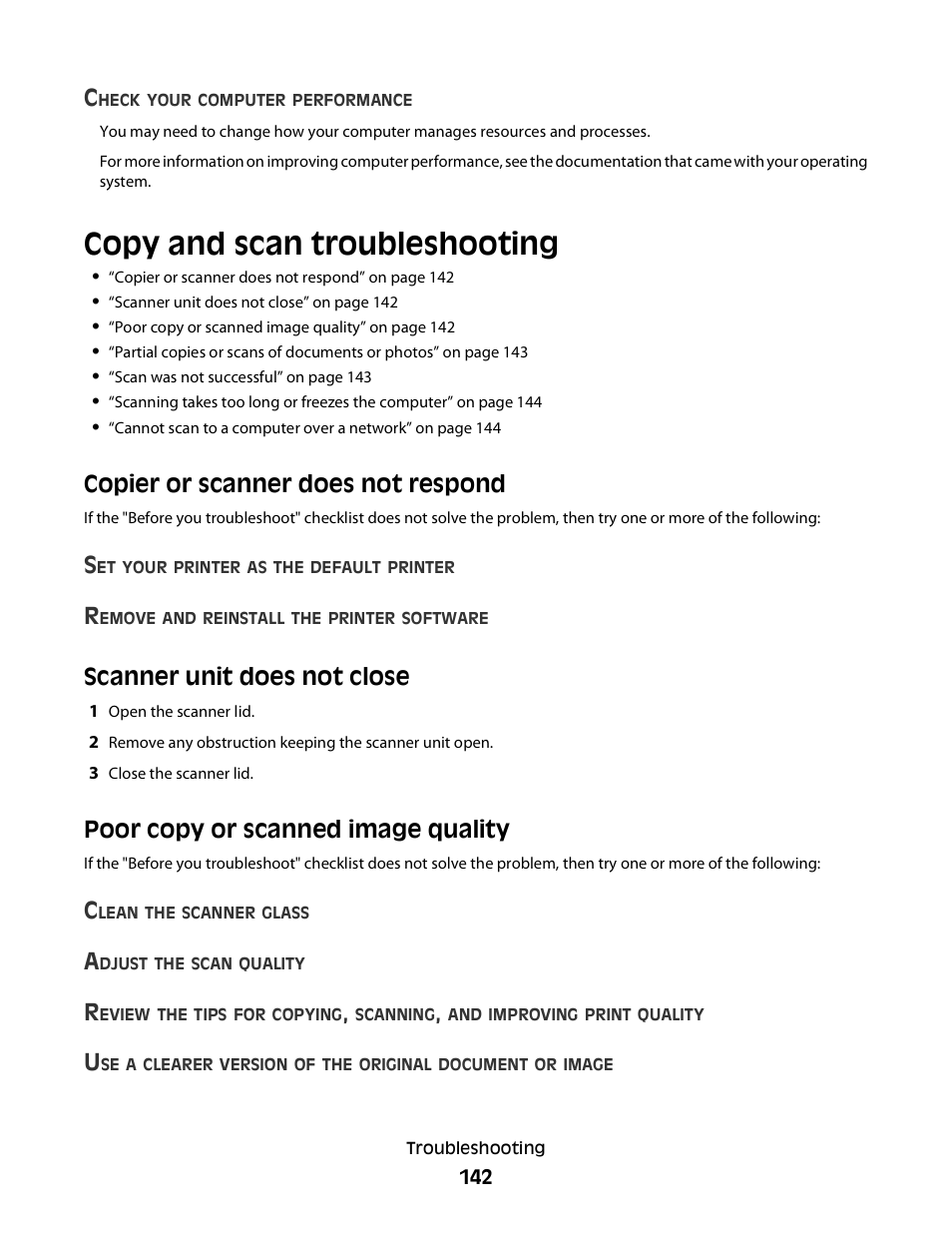 Copy and scan troubleshooting, Copier or scanner does not respond, Scanner unit does not close | Poor copy or scanned image quality | Lexmark S800 User Manual | Page 142 / 197