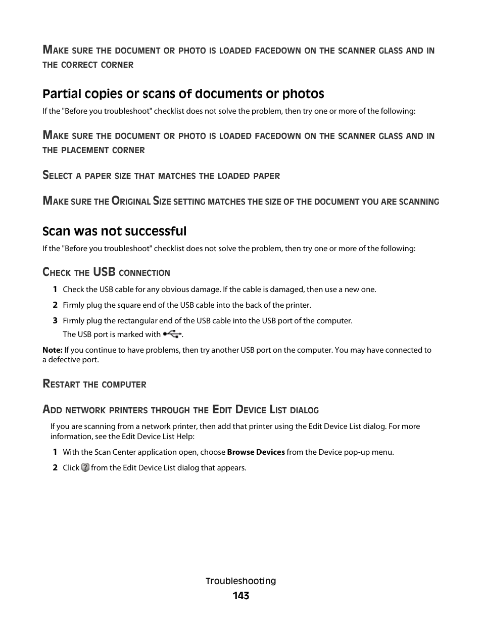 Partial copies or scans of documents or photos, Scan was not successful | Lexmark S800 User Manual | Page 143 / 197