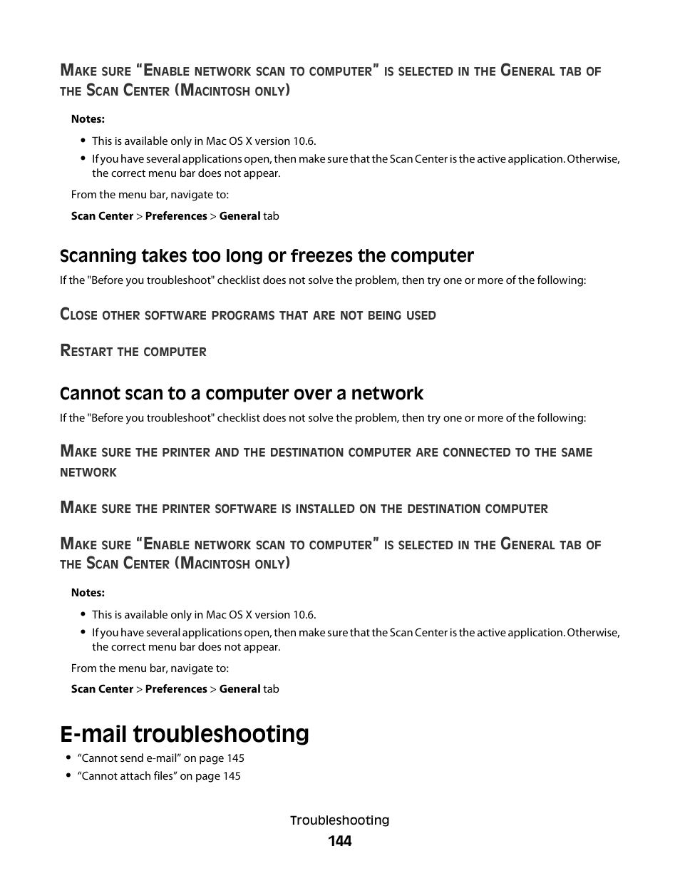 Scanning takes too long or freezes the computer, Cannot scan to a computer over a network, E-mail troubleshooting | Lexmark S800 User Manual | Page 144 / 197