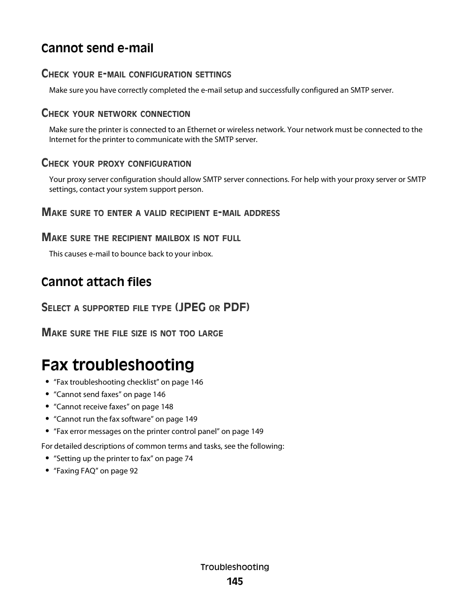 Cannot send e-mail, Cannot attach files, Fax troubleshooting | Cannot send e-mail c, Cannot attach files s, Jpeg, Pdf) m | Lexmark S800 User Manual | Page 145 / 197