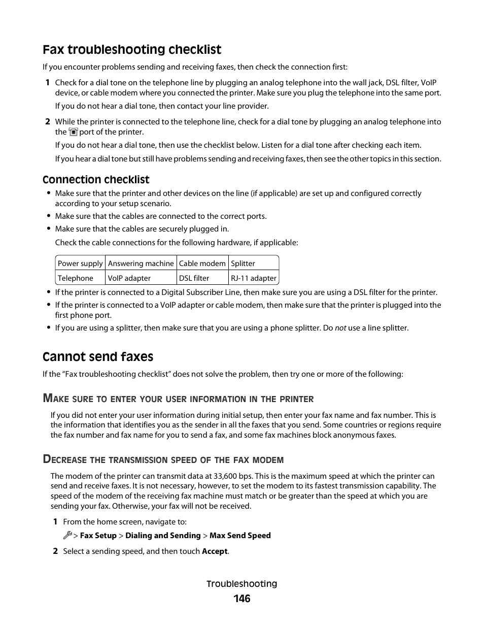 Fax troubleshooting checklist, Cannot send faxes | Lexmark S800 User Manual | Page 146 / 197