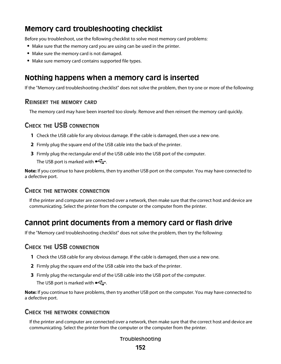Memory card troubleshooting checklist, Nothing happens when a memory card is inserted | Lexmark S800 User Manual | Page 152 / 197