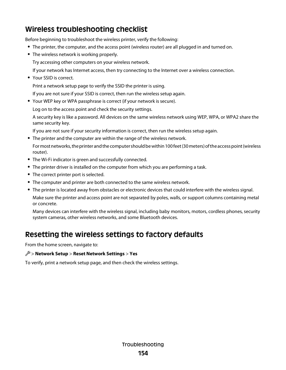 Wireless troubleshooting checklist | Lexmark S800 User Manual | Page 154 / 197