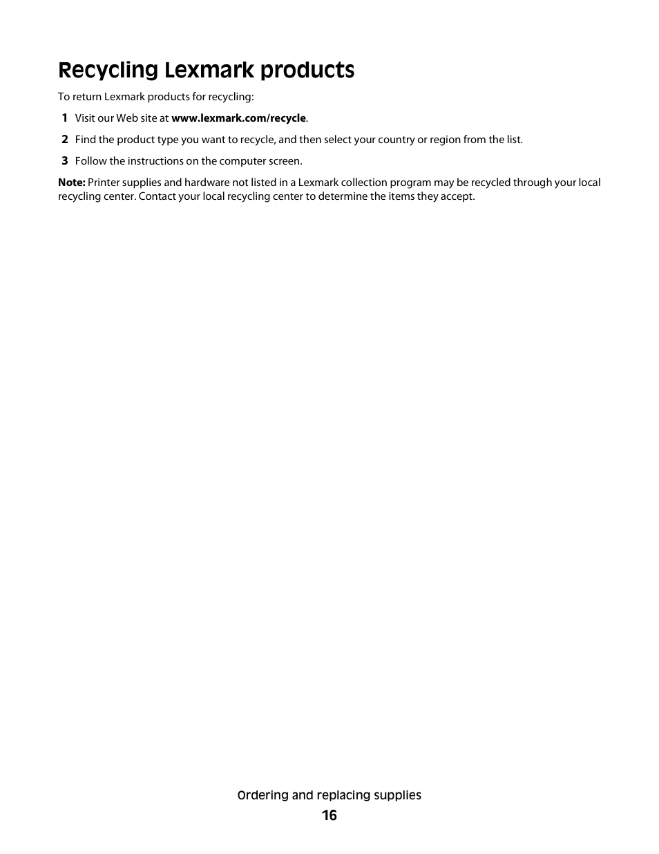 Recycling lexmark products | Lexmark S800 User Manual | Page 16 / 197