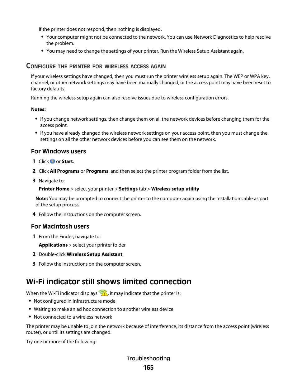 Wi-fi indicator still shows limited connection | Lexmark S800 User Manual | Page 165 / 197