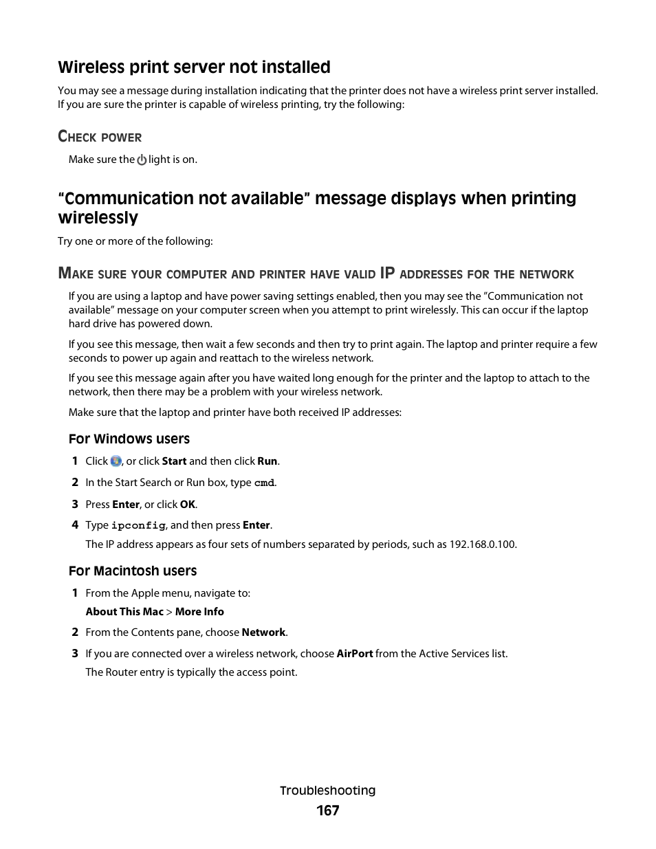 Wireless print server not installed | Lexmark S800 User Manual | Page 167 / 197