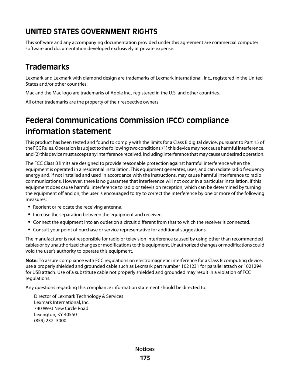 United states government rights, Trademarks | Lexmark S800 User Manual | Page 173 / 197