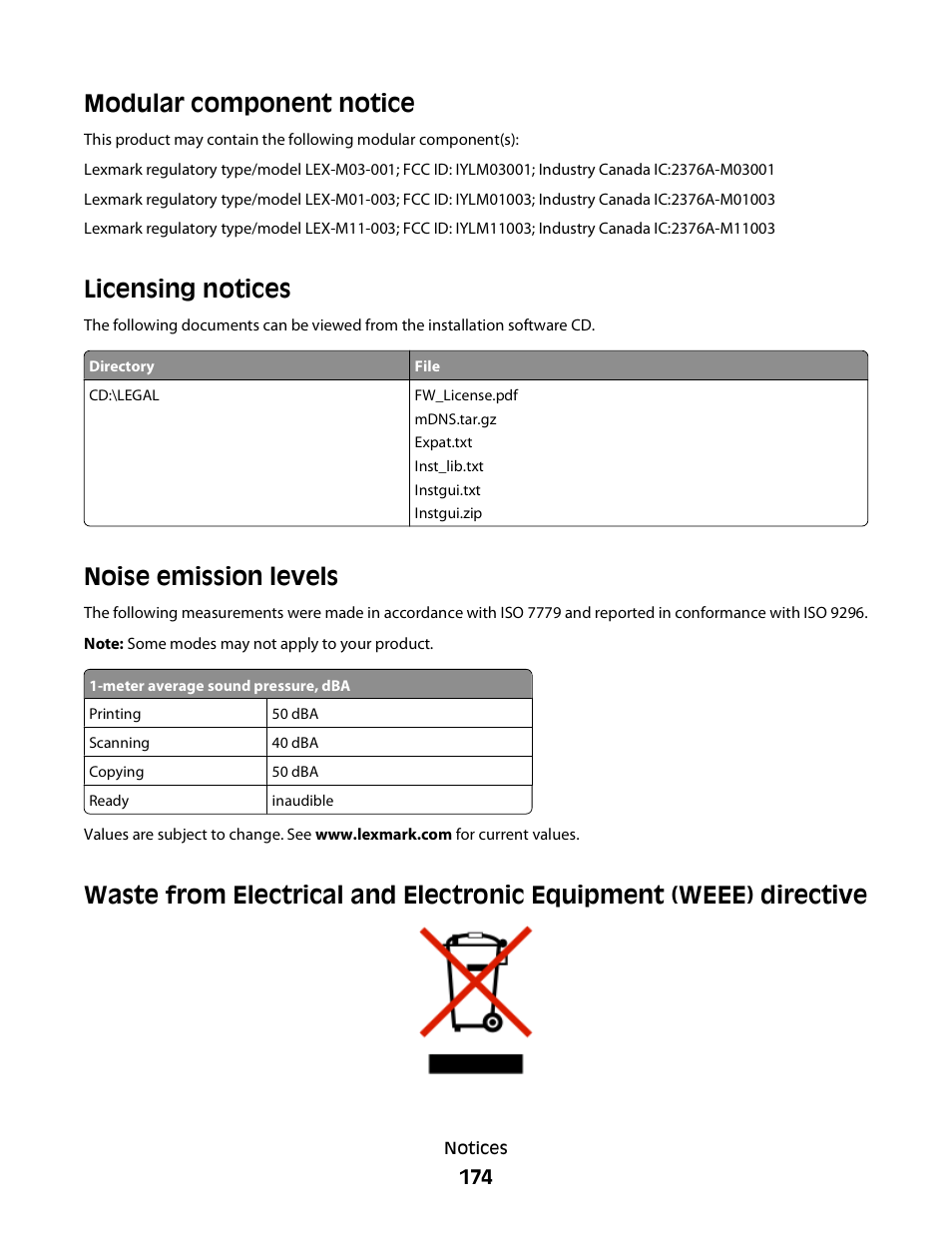 Modular component notice, Licensing notices, Noise emission levels | Lexmark S800 User Manual | Page 174 / 197