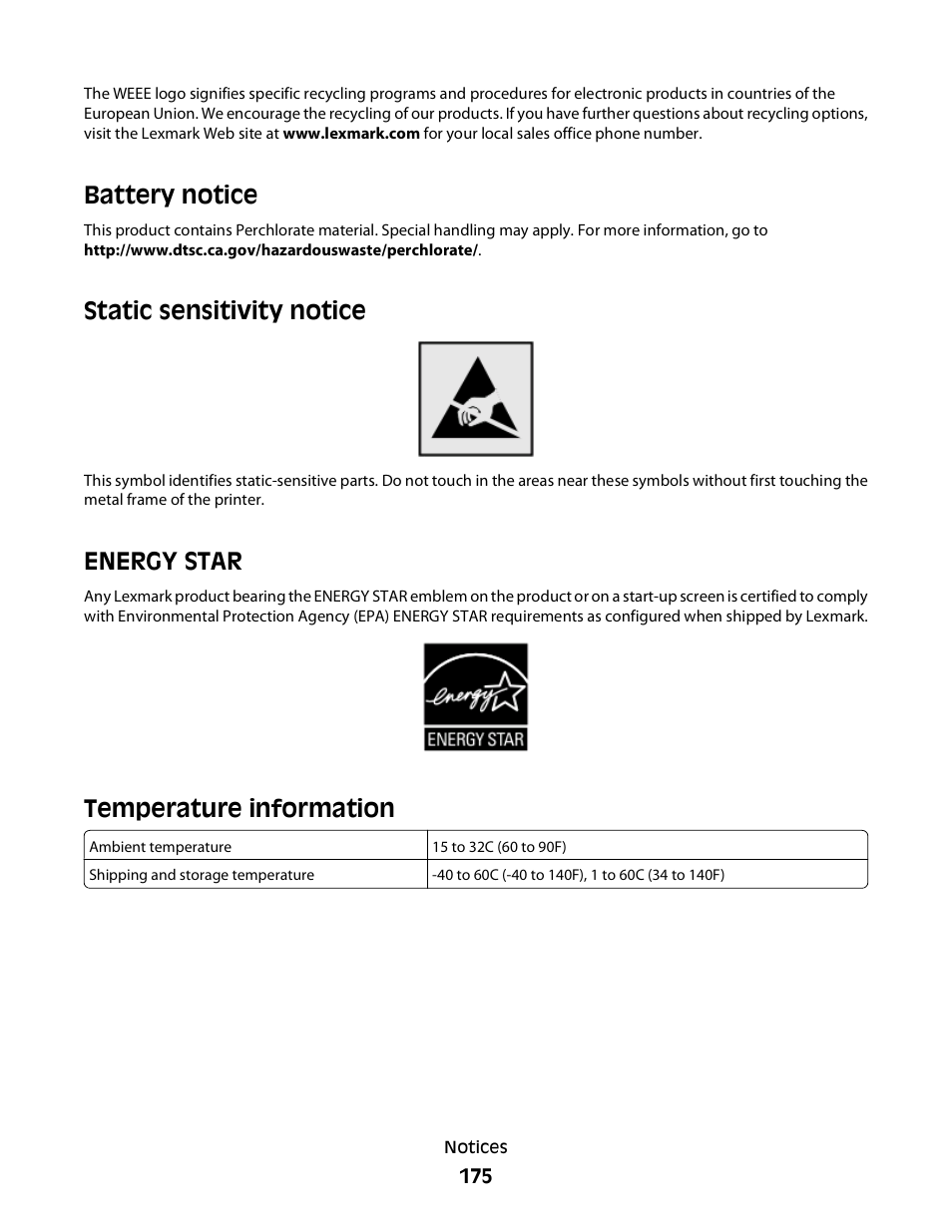 Battery notice, Static sensitivity notice, Energy star | Temperature information | Lexmark S800 User Manual | Page 175 / 197