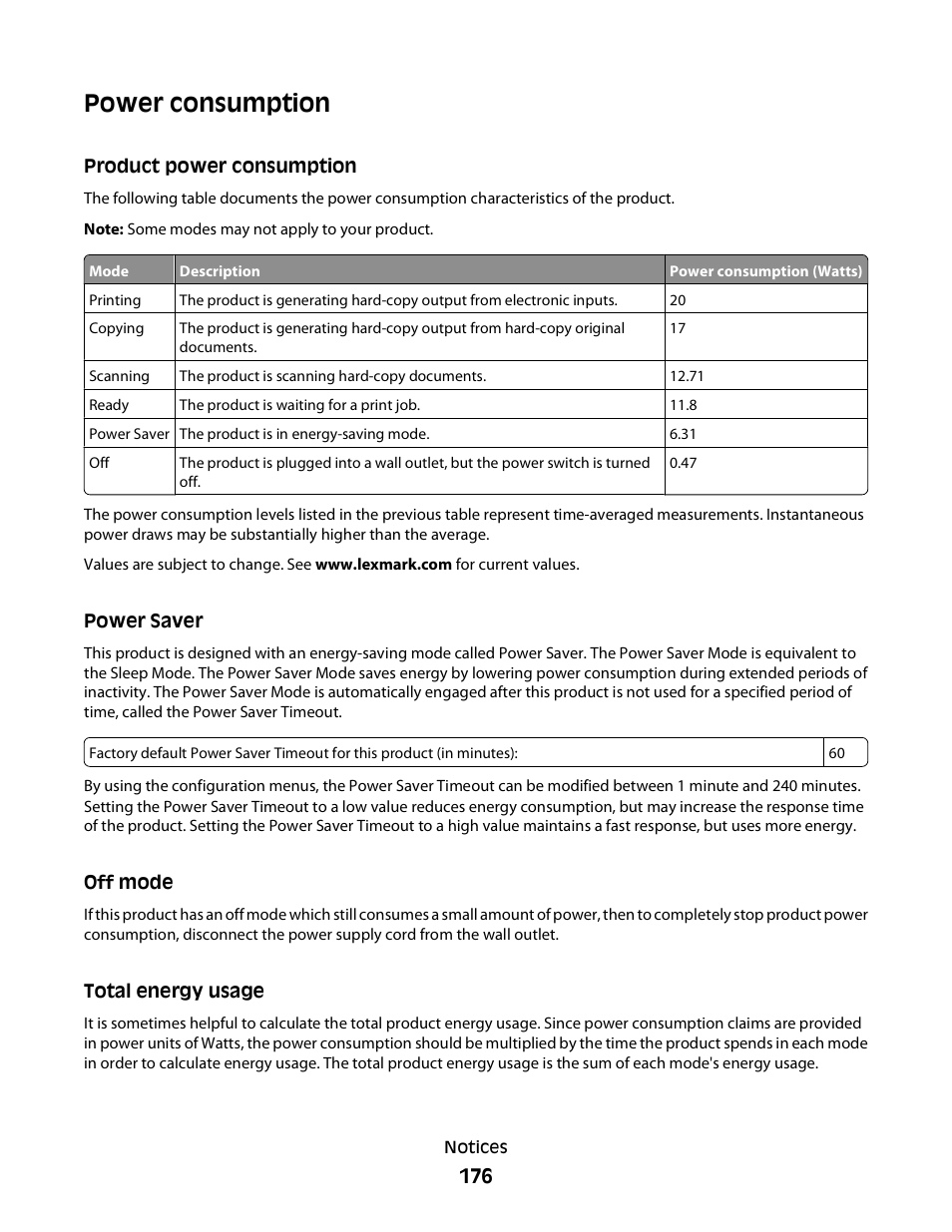 Power consumption, Product power consumption, Power saver | Off mode, Total energy usage | Lexmark S800 User Manual | Page 176 / 197