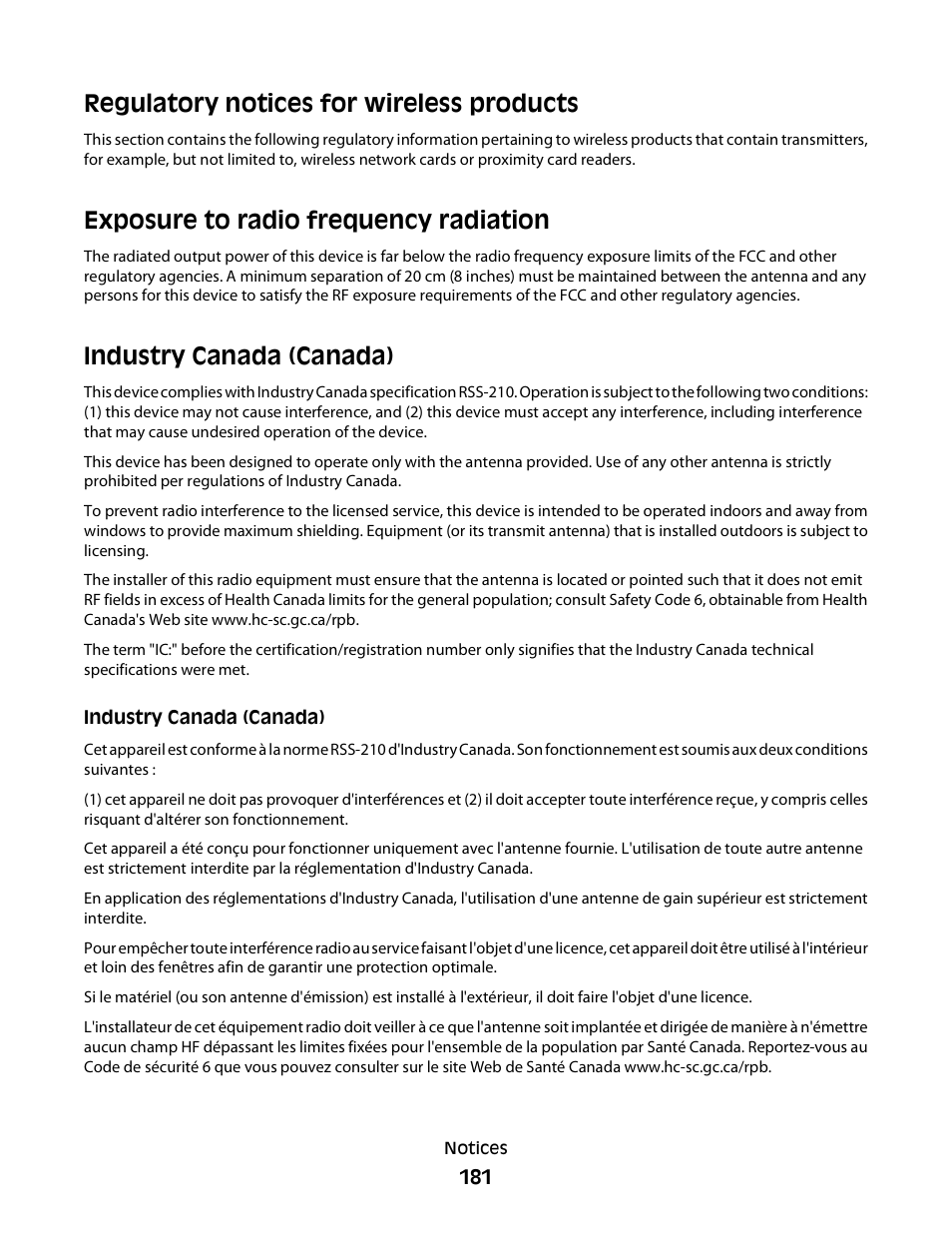 Regulatory notices for wireless products, Exposure to radio frequency radiation, Industry canada (canada) | Lexmark S800 User Manual | Page 181 / 197