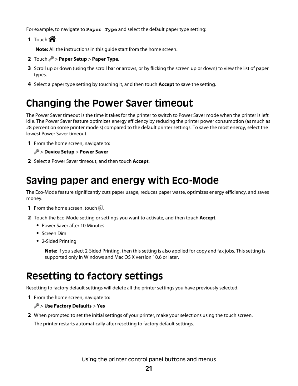 Changing the power saver timeout, Saving paper and energy with eco-mode, Resetting to factory settings | Lexmark S800 User Manual | Page 21 / 197