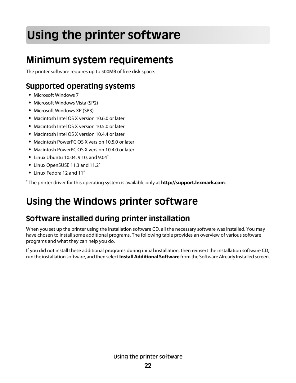 Using the printer software, Minimum system requirements, Using the windows printer software | Supported operating systems, Software installed during printer installation | Lexmark S800 User Manual | Page 22 / 197