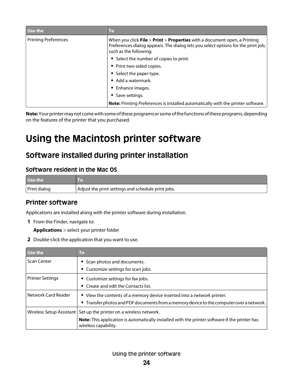 Using the macintosh printer software, Software installed during printer installation | Lexmark S800 User Manual | Page 24 / 197