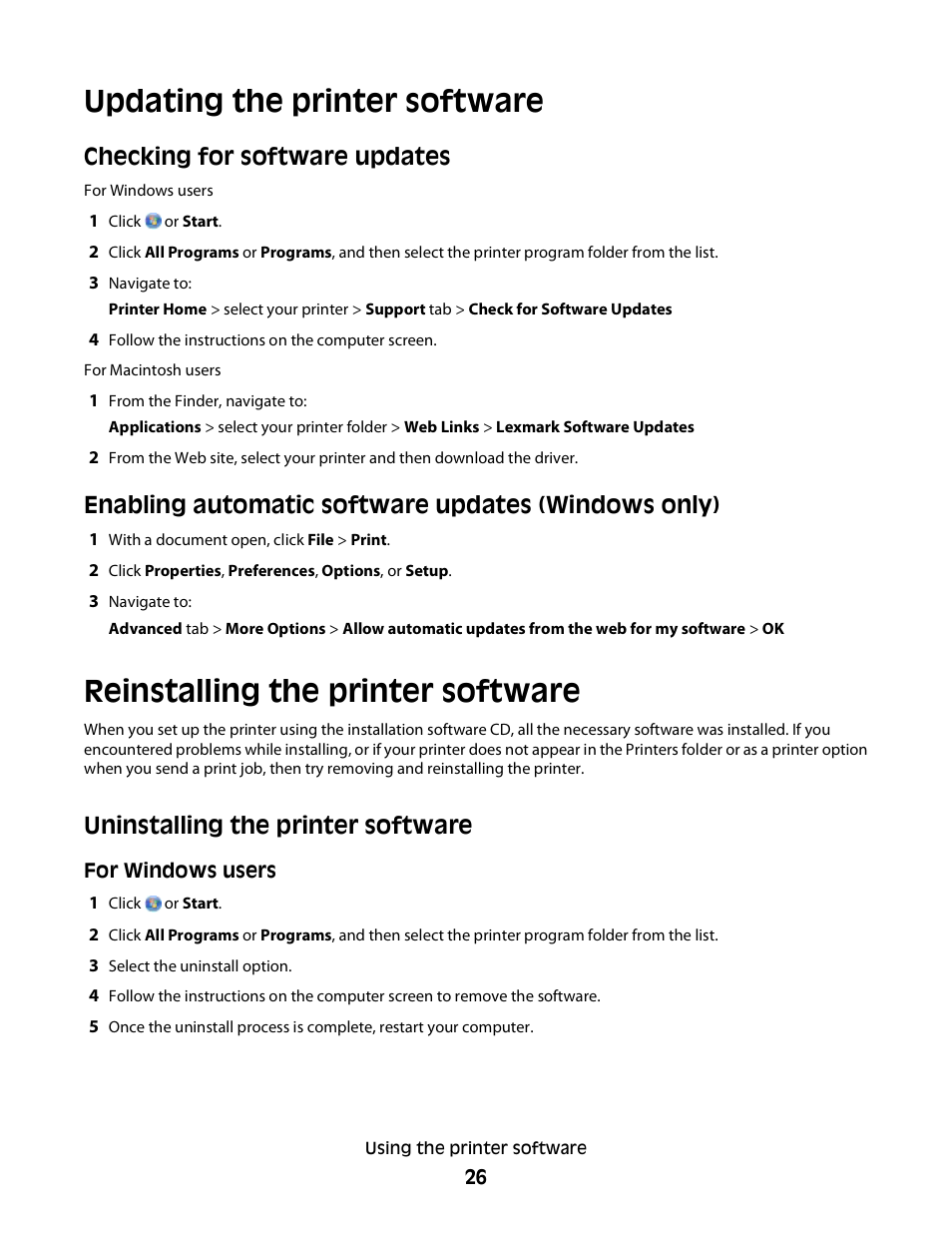 Updating the printer software, Reinstalling the printer software, Uninstalling the printer software | Checking for software updates, Enabling automatic software updates (windows only) | Lexmark S800 User Manual | Page 26 / 197