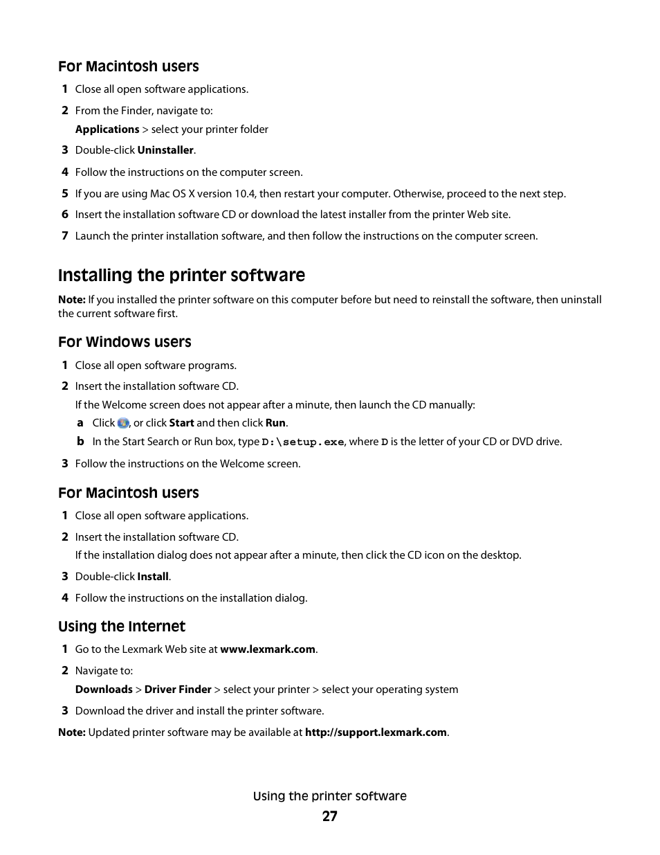 Installing the printer software | Lexmark S800 User Manual | Page 27 / 197