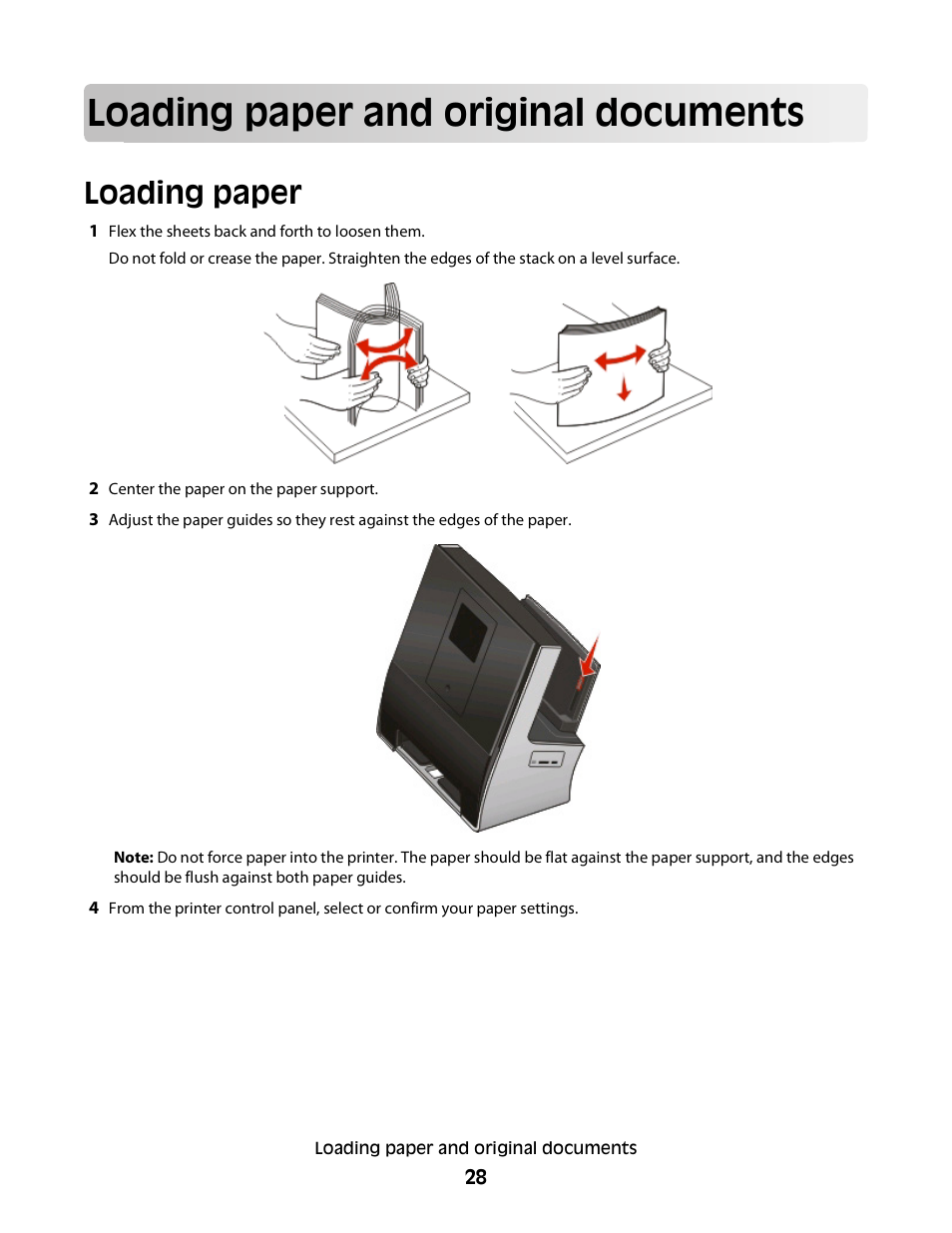 Loading paper and original documents, Loading paper | Lexmark S800 User Manual | Page 28 / 197