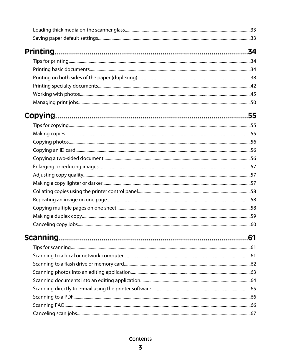 Printing, Copying, Scanning | Lexmark S800 User Manual | Page 3 / 197