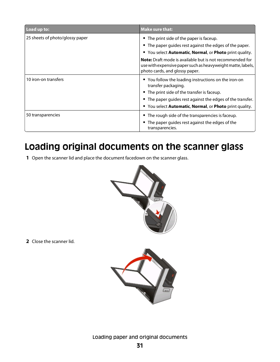 Loading original documents on the scanner glass | Lexmark S800 User Manual | Page 31 / 197