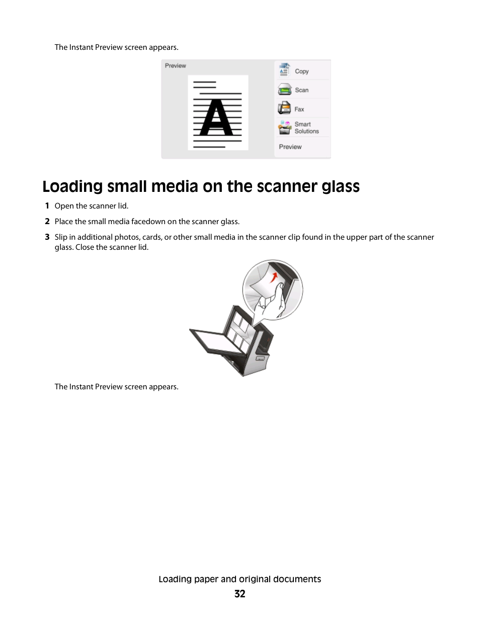 Loading small media on the scanner glass | Lexmark S800 User Manual | Page 32 / 197