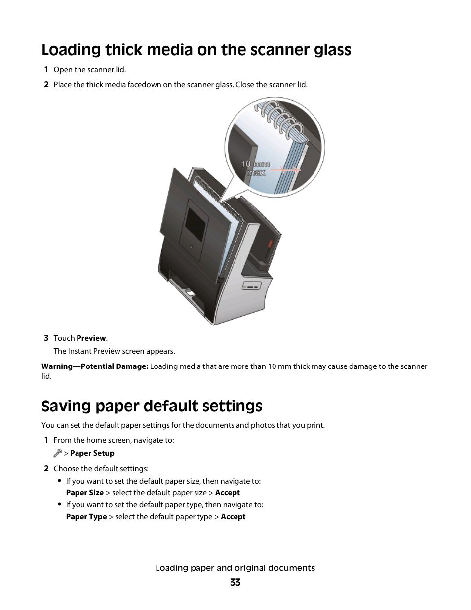 Loading thick media on the scanner glass, Saving paper default settings | Lexmark S800 User Manual | Page 33 / 197