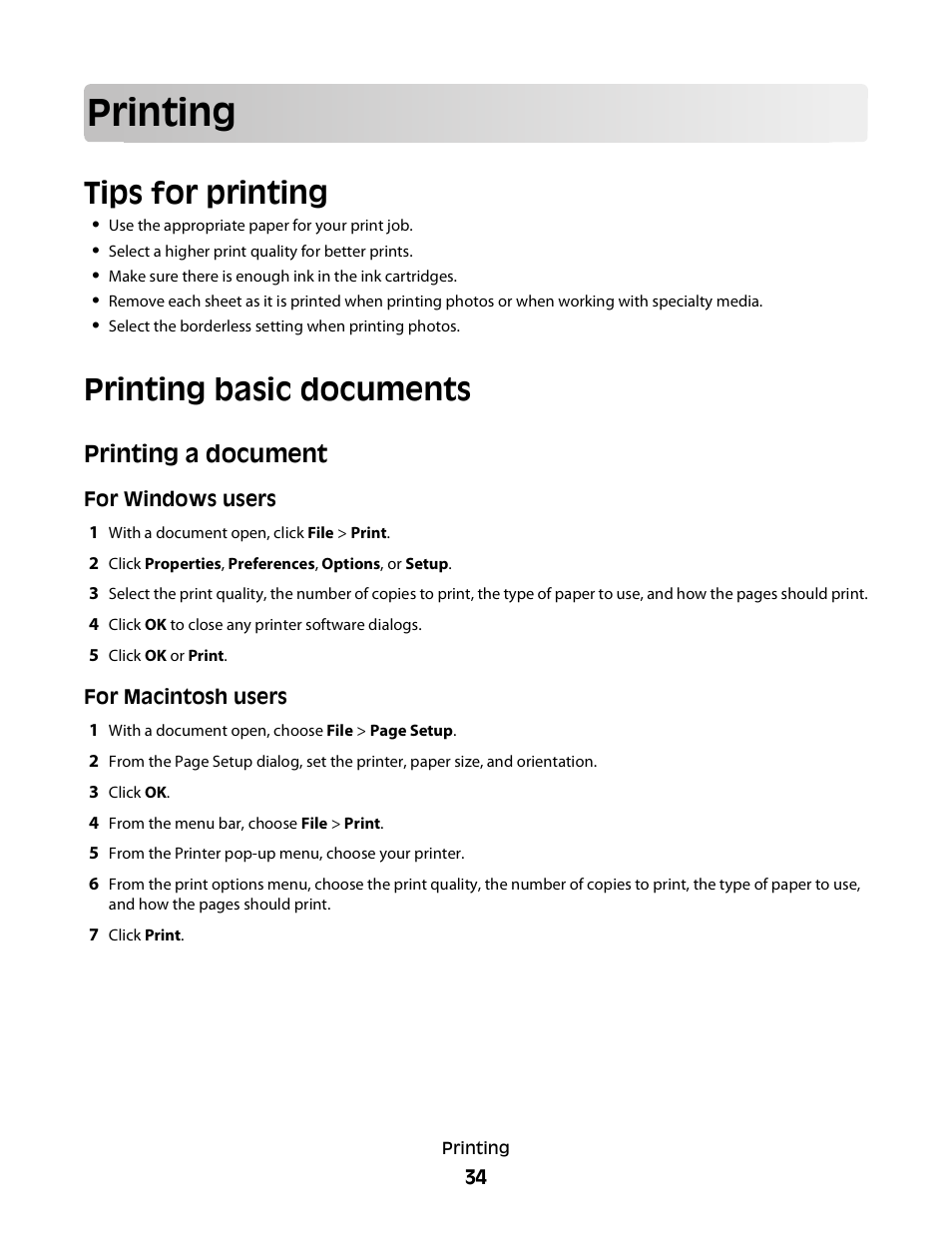 Printing, Tips for printing, Printing basic documents | Printing a document | Lexmark S800 User Manual | Page 34 / 197