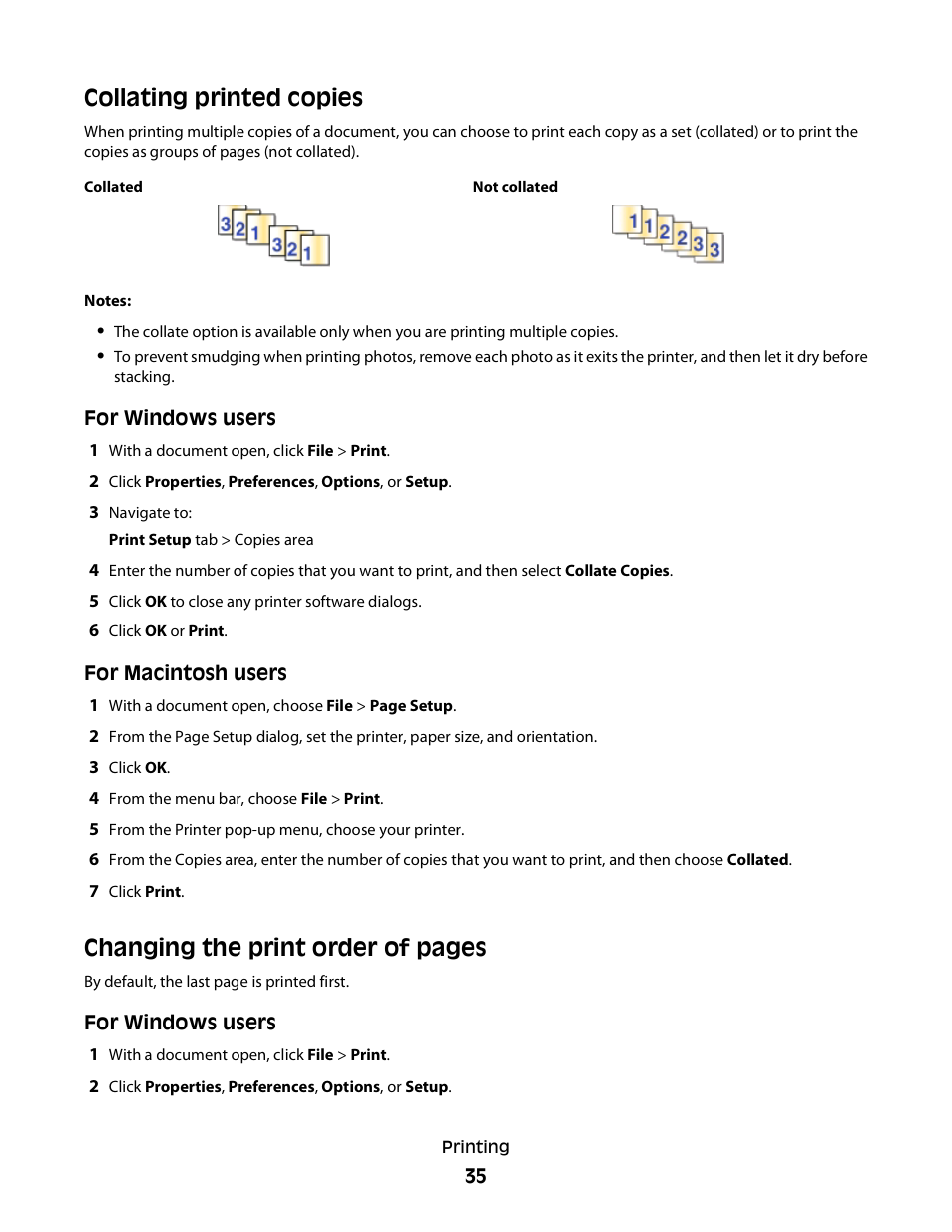 Collating printed copies, Changing the print order of pages | Lexmark S800 User Manual | Page 35 / 197