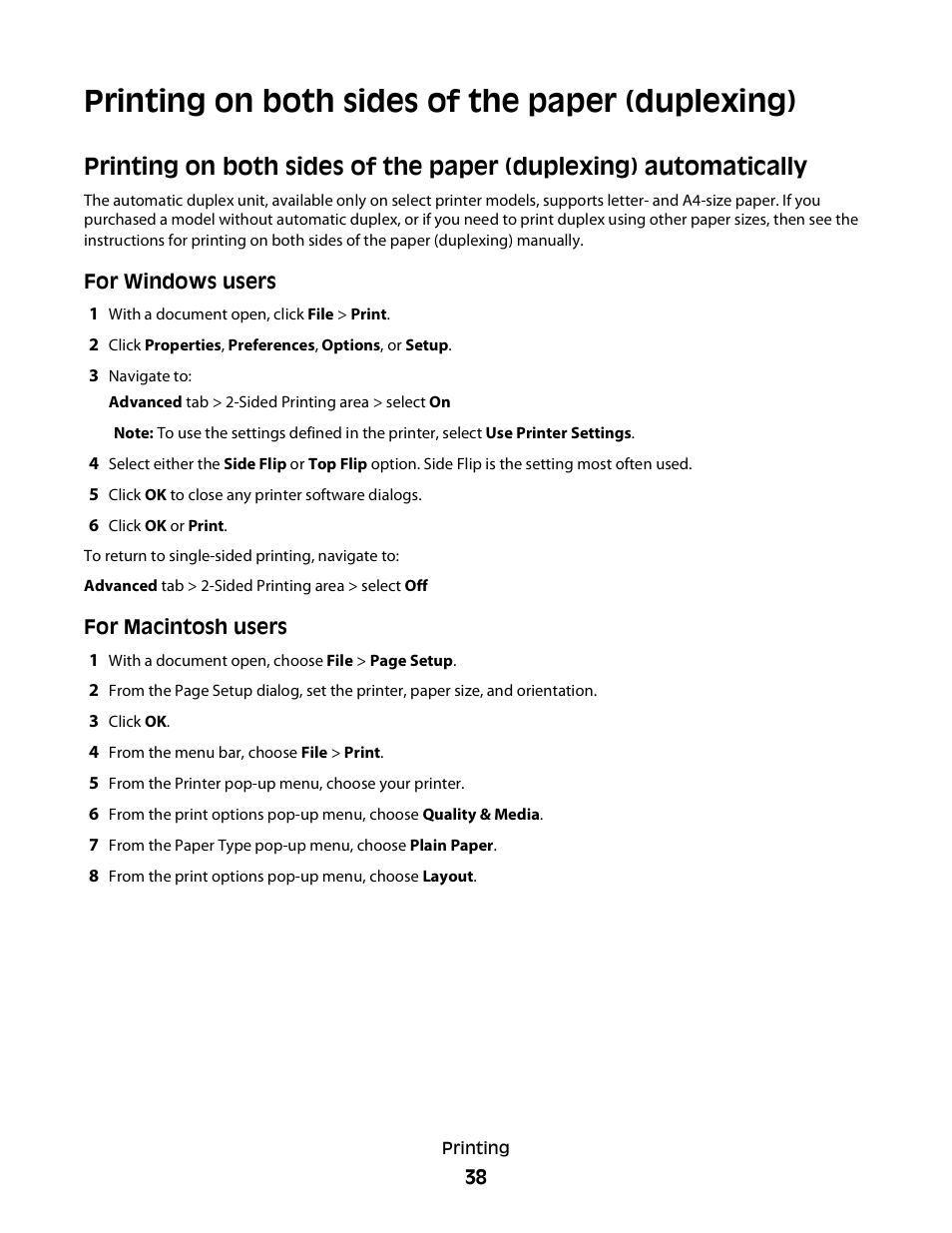 Printing on both sides of the paper (duplexing) | Lexmark S800 User Manual | Page 38 / 197