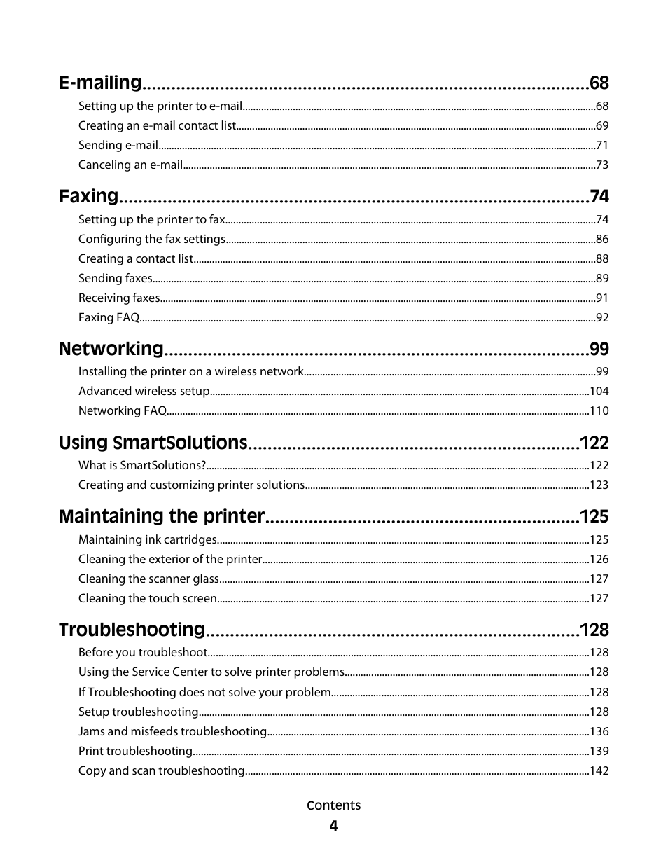 E-mailing, Faxing, Networking | Using smartsolutions, Maintaining the printer, Troubleshooting | Lexmark S800 User Manual | Page 4 / 197