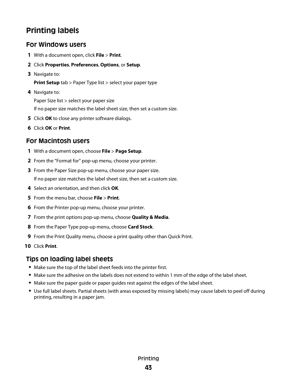 Printing labels | Lexmark S800 User Manual | Page 43 / 197