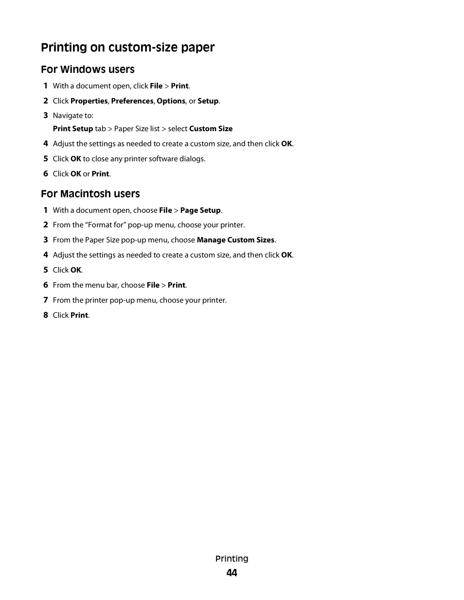 Printing on custom-size paper | Lexmark S800 User Manual | Page 44 / 197