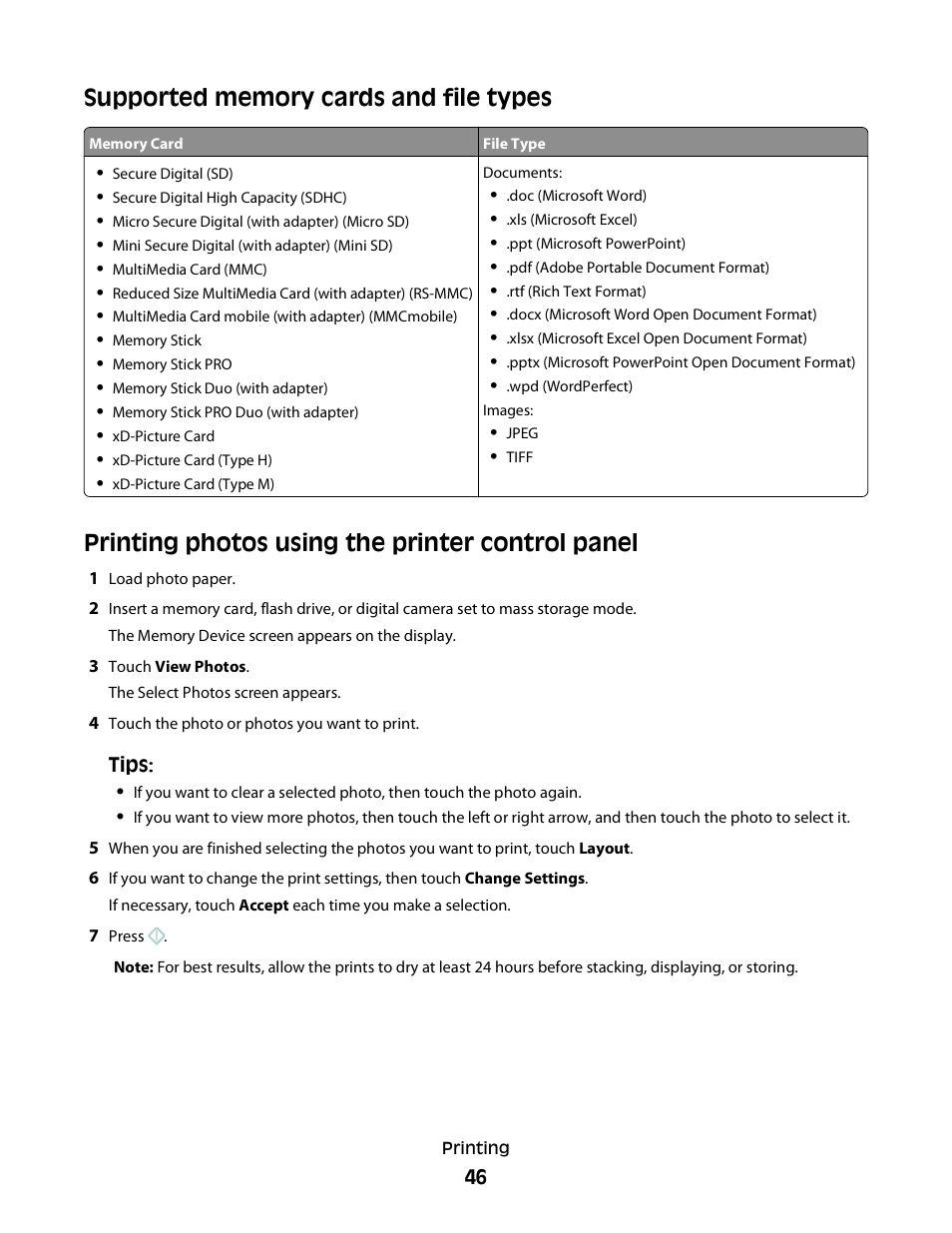 Supported memory cards and file types, Printing photos using the printer control panel | Lexmark S800 User Manual | Page 46 / 197