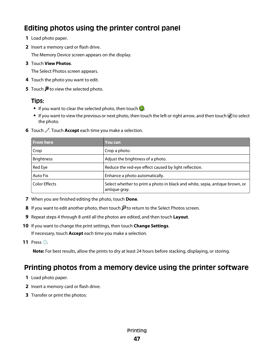 Editing photos using the printer control panel | Lexmark S800 User Manual | Page 47 / 197